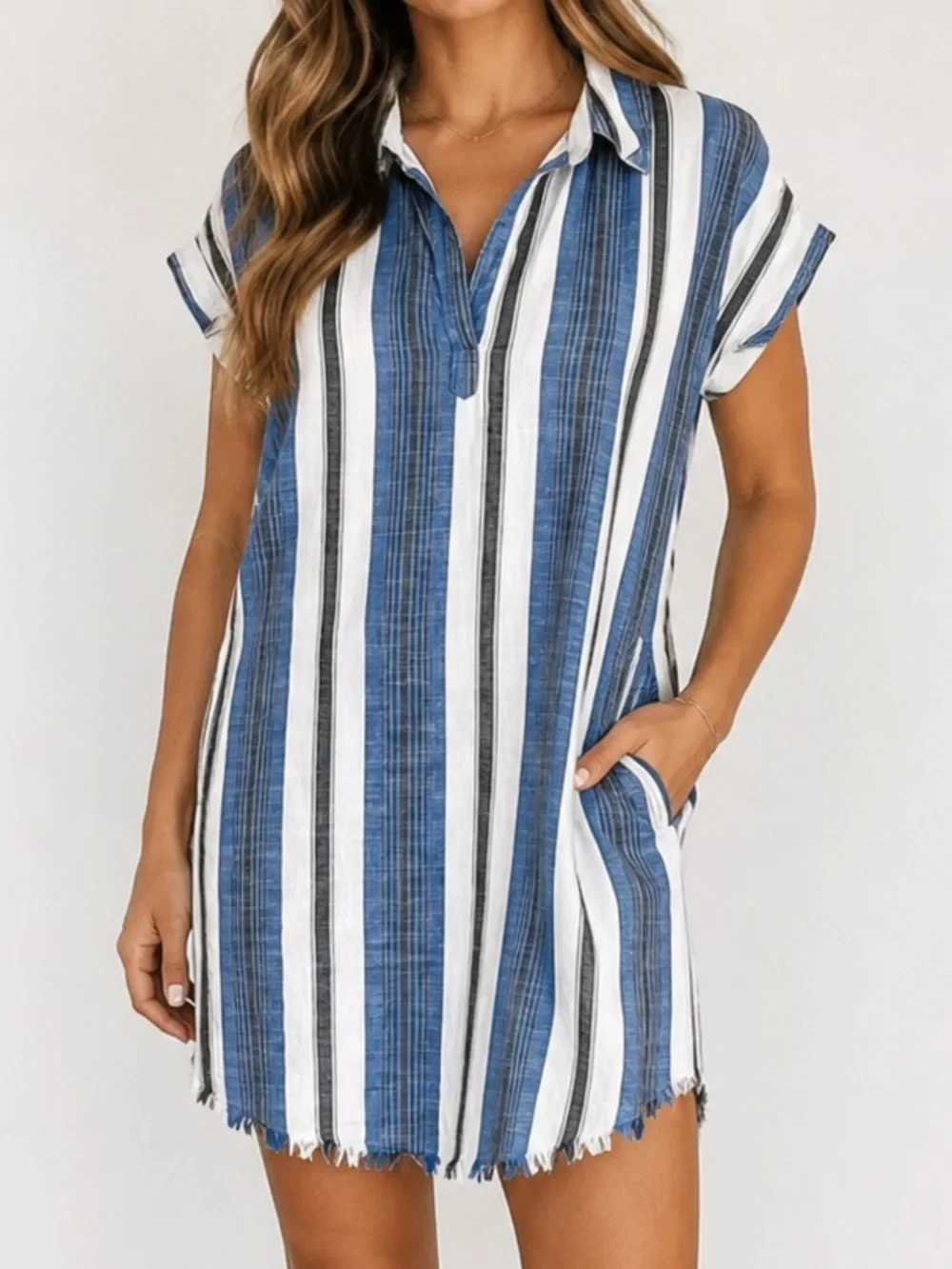 Rise & Bloom Striped Shirt Dress Blue White Fringe Hem Size L